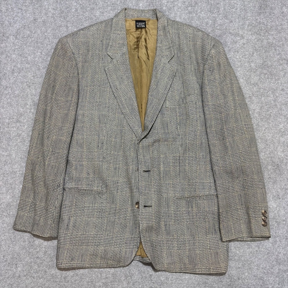 Claiborne Mens 40R Glen Plaid Blazer Rayon Silk Linen Blend Sport Coat Tan Blue